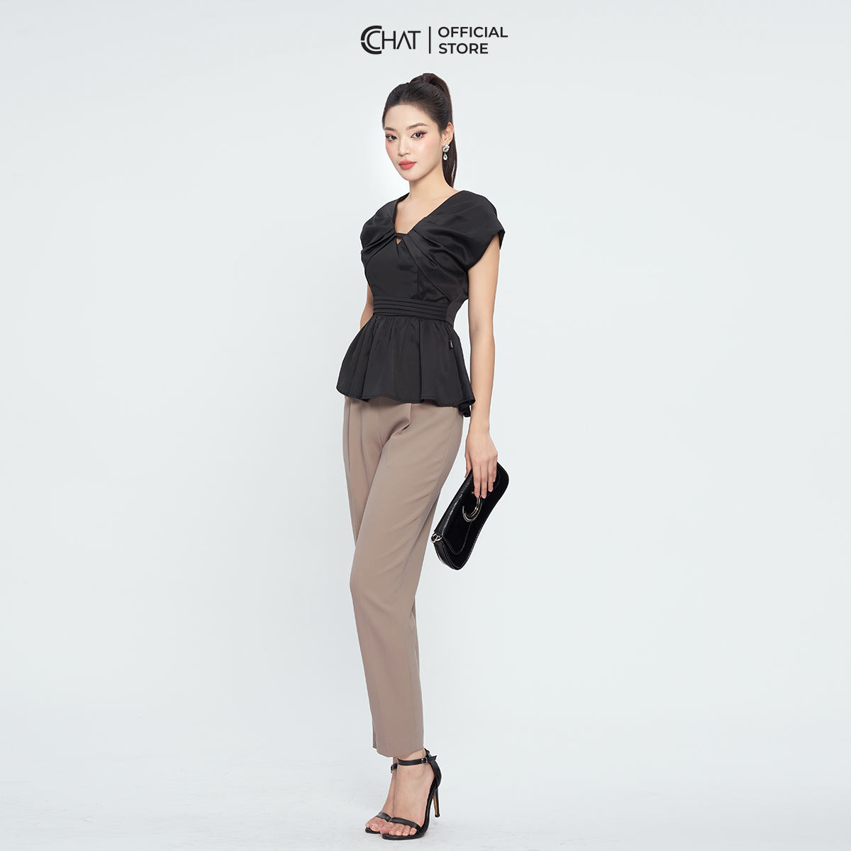 Áo Kiểu Nữ Cổ V Đai Eo Dáng Peplum Chất Mango Cao Cấp Mềm Mịn 13ANE2013PT