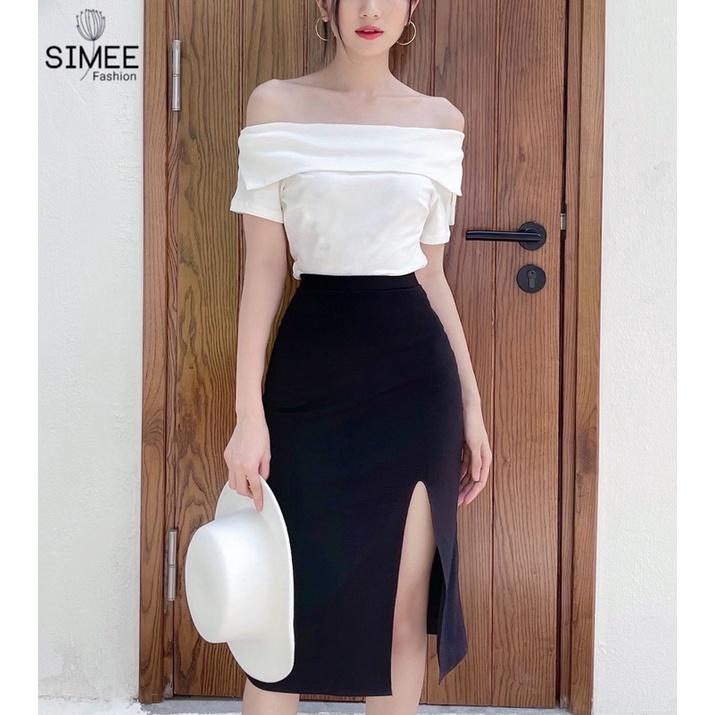 Set váy thiết kế Simee áo trễ vai xẻ mix chân váy xẻ tà