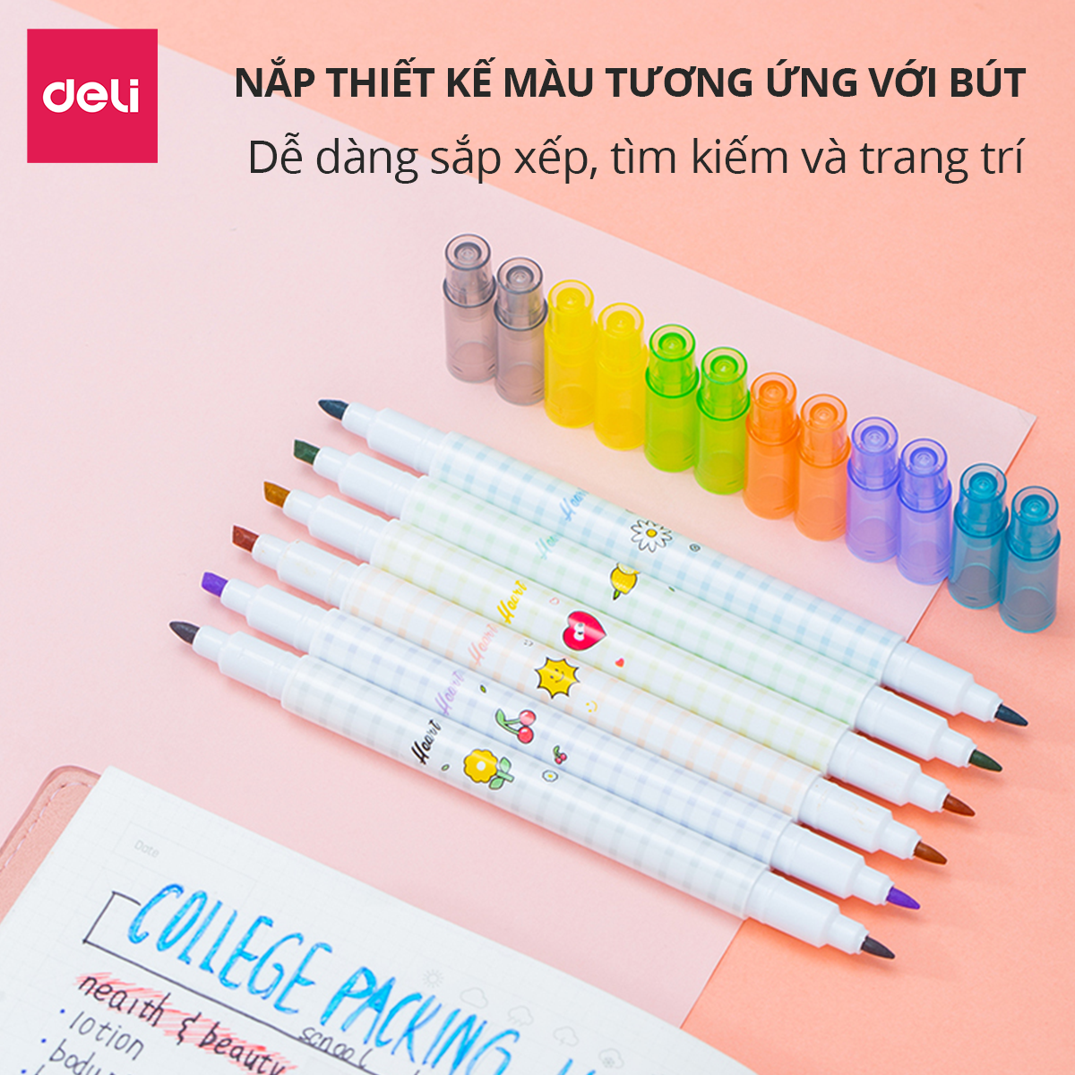 Bút nhớ dòng 2 đầu Deli - 6 màu - Nét trơn mượt, màu tươi sáng - 6 chiếc/1 Hộp - S606