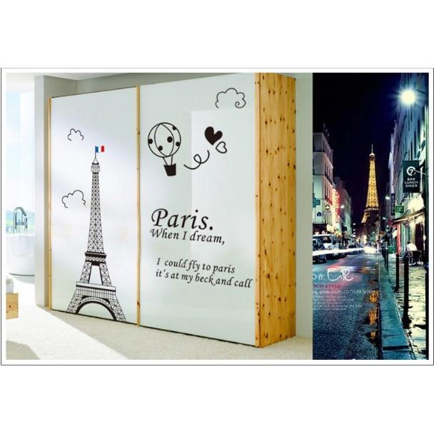 Decal trang trí tường - Tháp Paris khinh khí cầu tinh tế 02