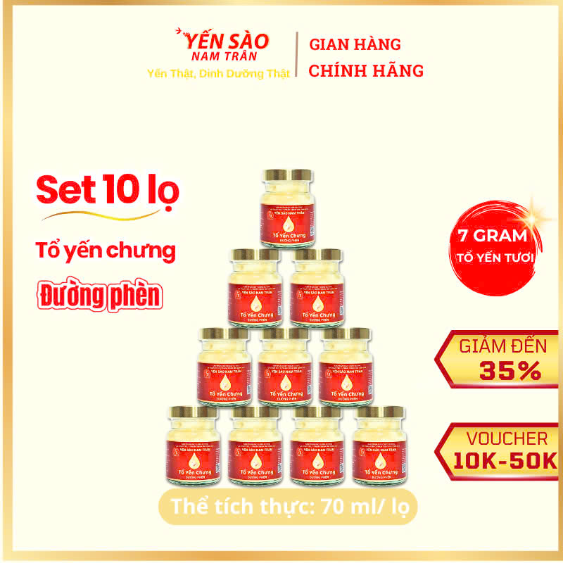 [Set 10 lọ Không hộp] Yến chưng Đường phèn 7 gram Tổ Yến Tươi- Yến Sào Nam Trân. Lọ 70 ml
