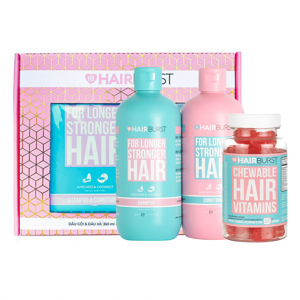 Combo Hairburst Set Gội Xả 350ml/Chai và Kẹo Dẻo Vitamin Kích Thích Mọc Tóc Chewable Hair Vitamins 60gr/lọ