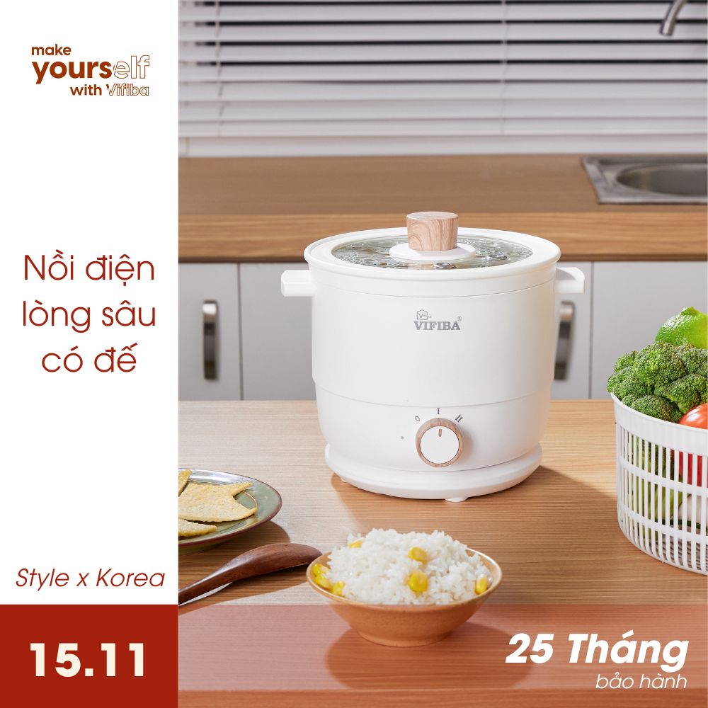 Nồi lẩu điện sâu lòng đa năng hàng chính hãng VIFIBA, kèm đế nồi, dung tích 1,5L, 2 cấp độ - Nấu, Chiên, Xào, Hấp, Lẩu , Cháo,...