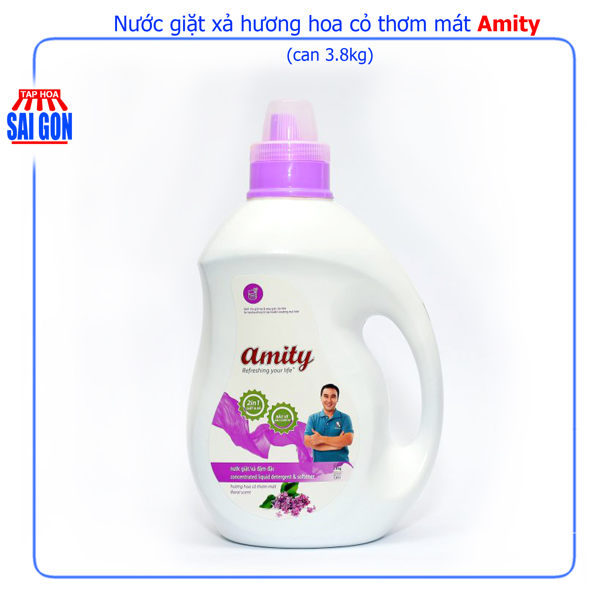 Nước Giặt Xả Amity màu tím hương hoa cỏ thơm mát can 3.8kg với các hạt lưu hương giữ mùi thơm nhẹ nhàng suốt cả ngày