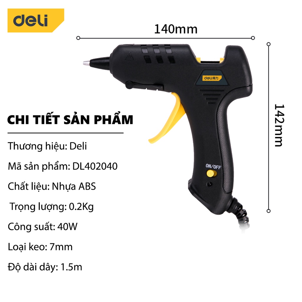 Súng Bắn Keo Deli Cao Cấp Công Suất Lớn 40W - keo 7mm - Nhỏ Gọn, An Toàn Sử Dụng - Thiết Kế Hiện Đại - DL402040/DL2540