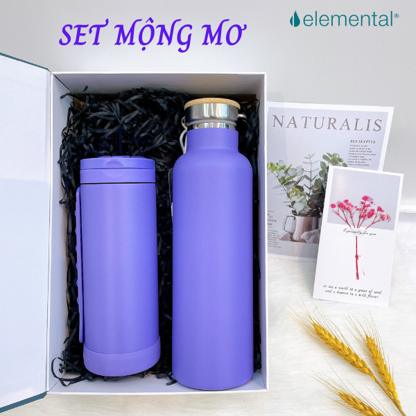 Bình giữ nhiệt cao cấp Elemental, set hộp quà tặng Mộng mơ, quà tặng dành cho cha mẹ,