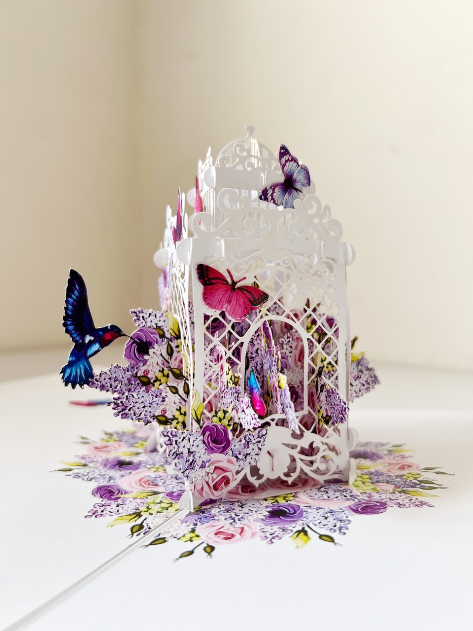 A06 -  Thiệp 3D Lồng Hoa &amp; Bướm Tím – Pop Up Card Viethands Giftshop