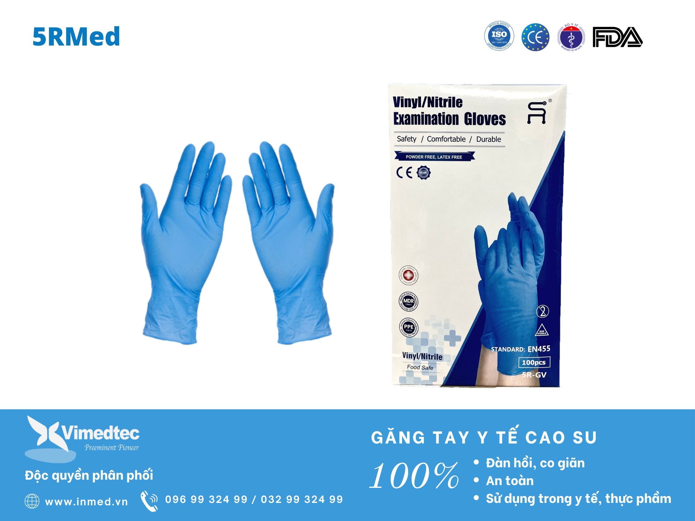 Găng Tay Cao Su Y Tế  Mix Vinyl/Nitrile 5R Med Không Bột, Không Gây Kích Ứng, Co Giãn Tốt, Khả Năng Chịu Lực, Chống Đâm Thủng Vượt Trội, Hộp 100 chiếc