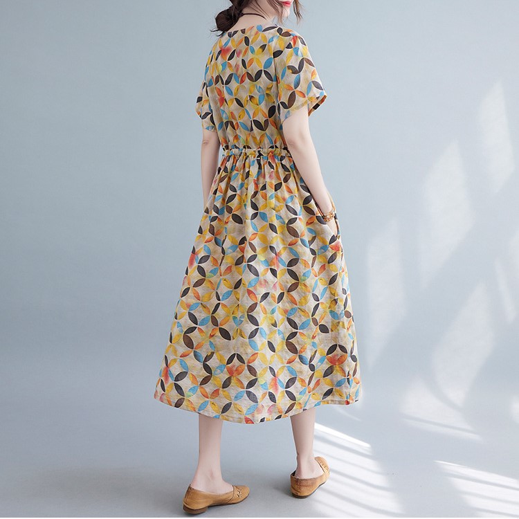 Váy Hoa Nhí Vintage Dáng dài, Đầm tay ngắn cổ tròn Hoạ tiết Hoa Nhí kèm dây rút eo cho nàng xinh xắn Đũi Việt