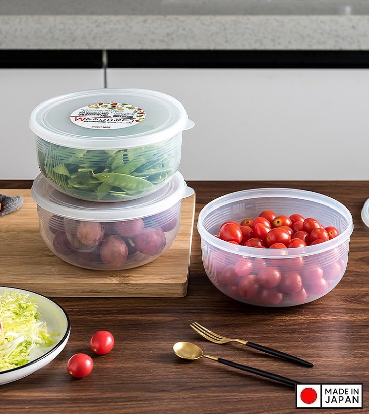 Bộ 3 hộp đựng thực phẩm sạch , đồ khô loại tròn có nắp 1.3L - Hàng nội địa Nhật