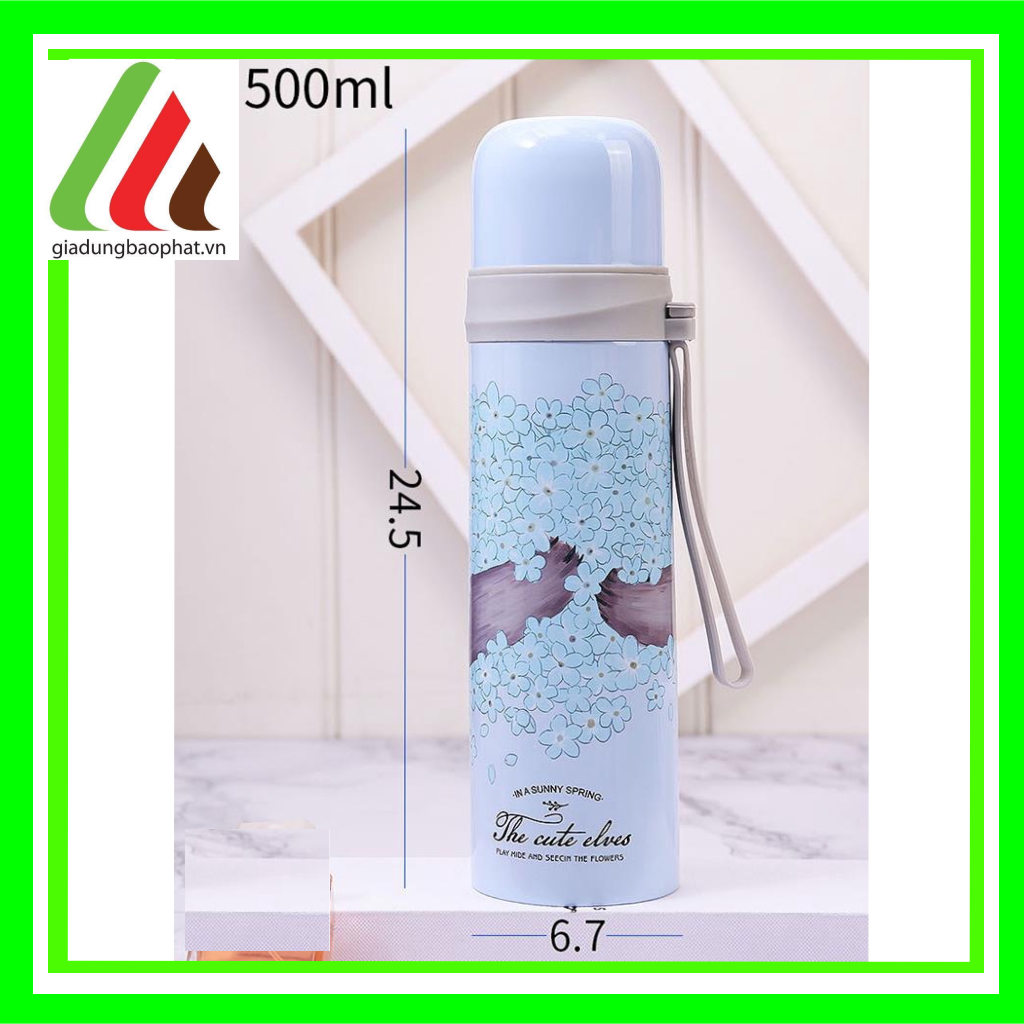 Bình giữ nhiệt the cute elves 500ml inox 2 lớp chân không cách nhiệt in hình dễ thương có dây xách tiện lợi