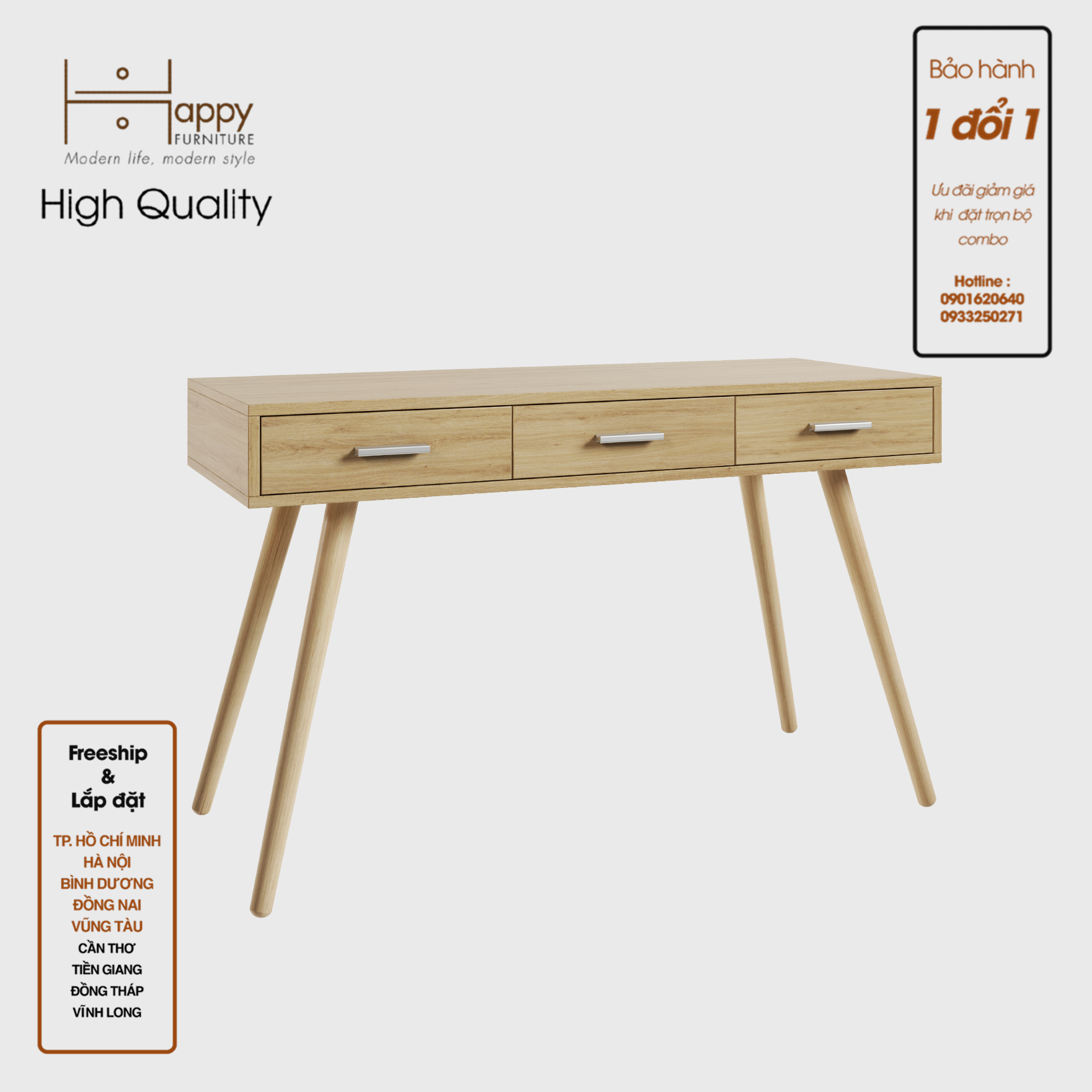 [Happy Home Furniture] OSRI, Bàn làm việc 3 ngăn - chân gỗ chéo ,  120cm x 50cm x 75cm ( DxRxC), BAN_003