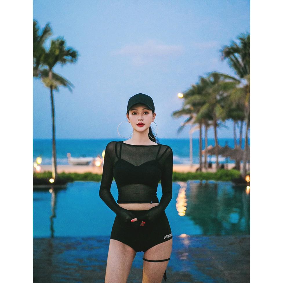 Bikini Bộ Đồ Bơi Dài Tay Set 3 Mảnh Kín Cạp Cao Bigsize Thể Thao Lưới