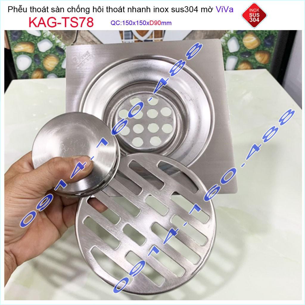 Phễu thoát sàn Viva KAG-TS78 15x15cm D90, phễu thoát sàn SUS304 đúc liền khối sales 40%, hố ga chống hôi inox 304 dày 1.