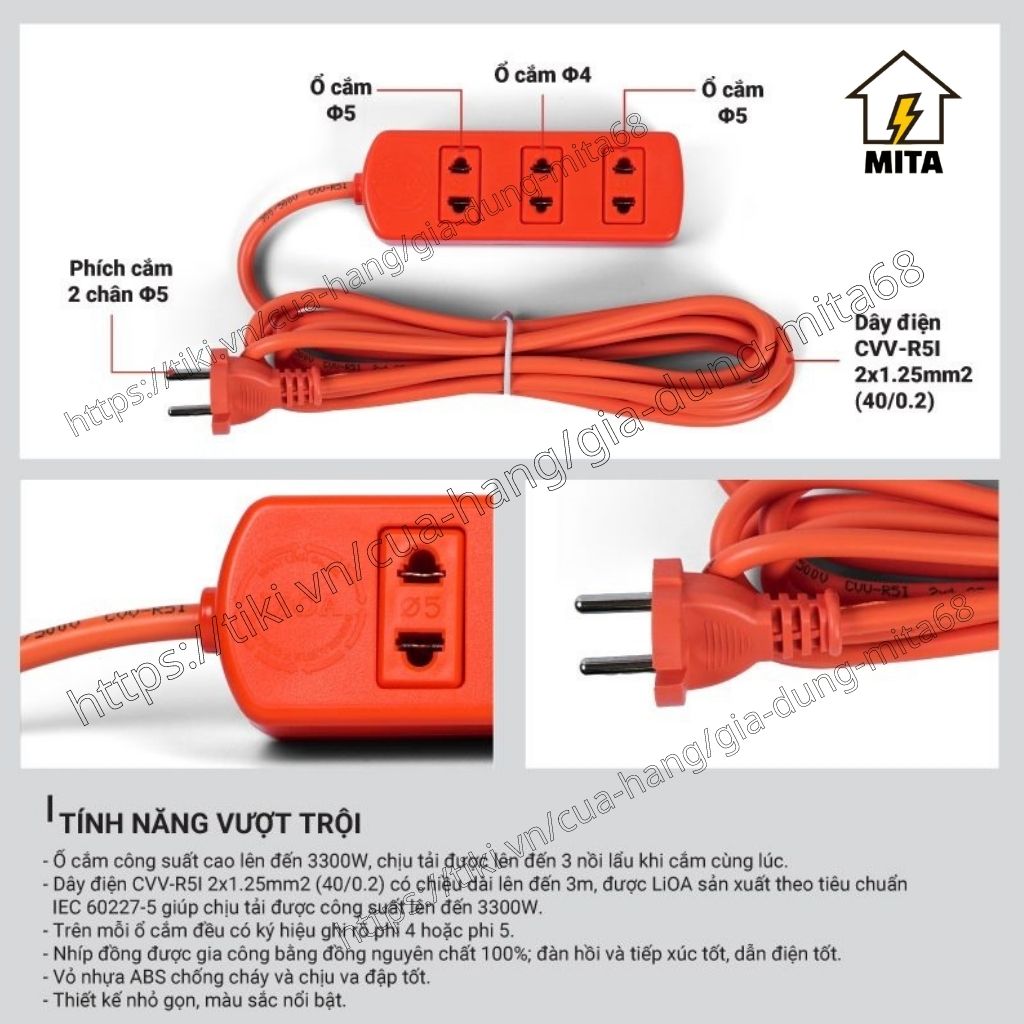 Ổ Cắm Điện LiOA 3 Ổ Công Suất Lớn Chịu Tải 3 Nồi Lẩu S3TC 3m