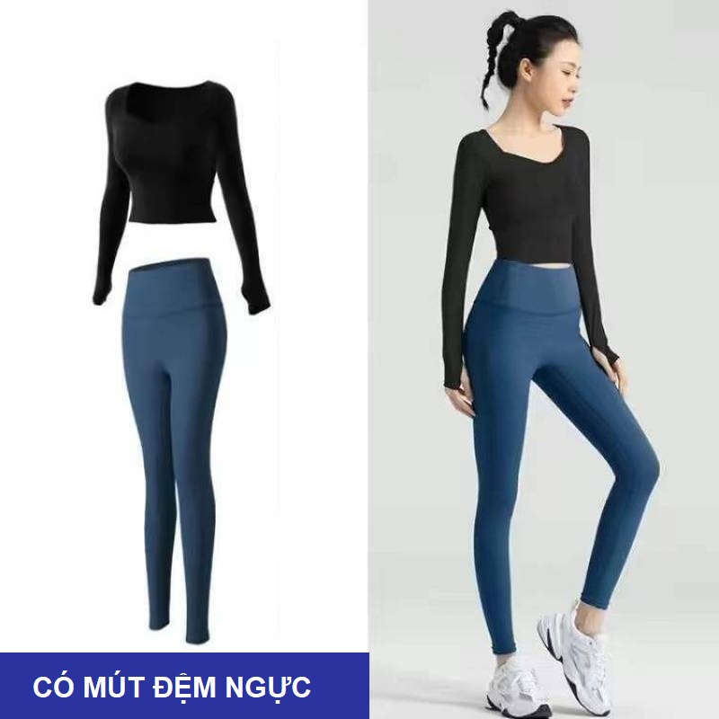 Bộ đồ tập Gym Yoga nữ 2 món, áo croptop dài tay CÓ MÚT ĐỆM và quần legging nâng mông GYM FASHION