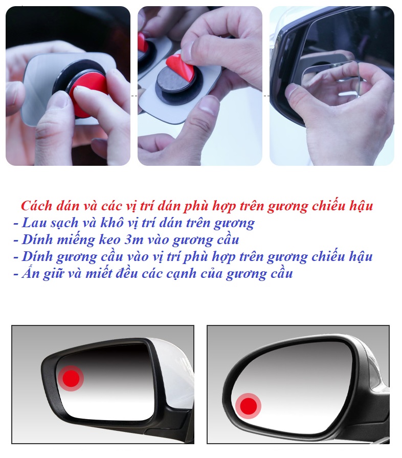 Gương cầu Ô tô độ nét cao không viền gương tròn nhỏ điều chỉnh điểm mù gương lùi kính góc rộng