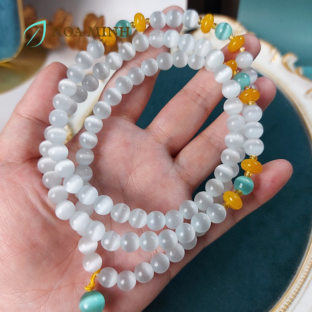 Vòng tay đá Mắt Mèo trắng size hạt 8 li chuỗi 108 hạt phối mắt mèo xanh, hạt bánh xe mã não vàng