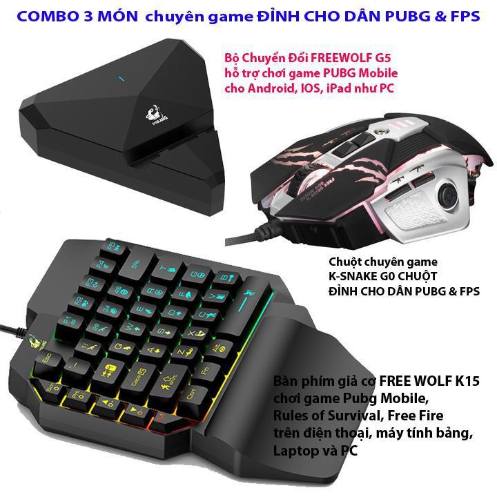 COMBO Bàn phím giả cơ FREE WOLF K15 và Bộ Chuyển Đổi FREEWOLF G5 + Chuột chuyên game K-SNAKE G0 BF00121 (Tặng Kèm Lót Ch