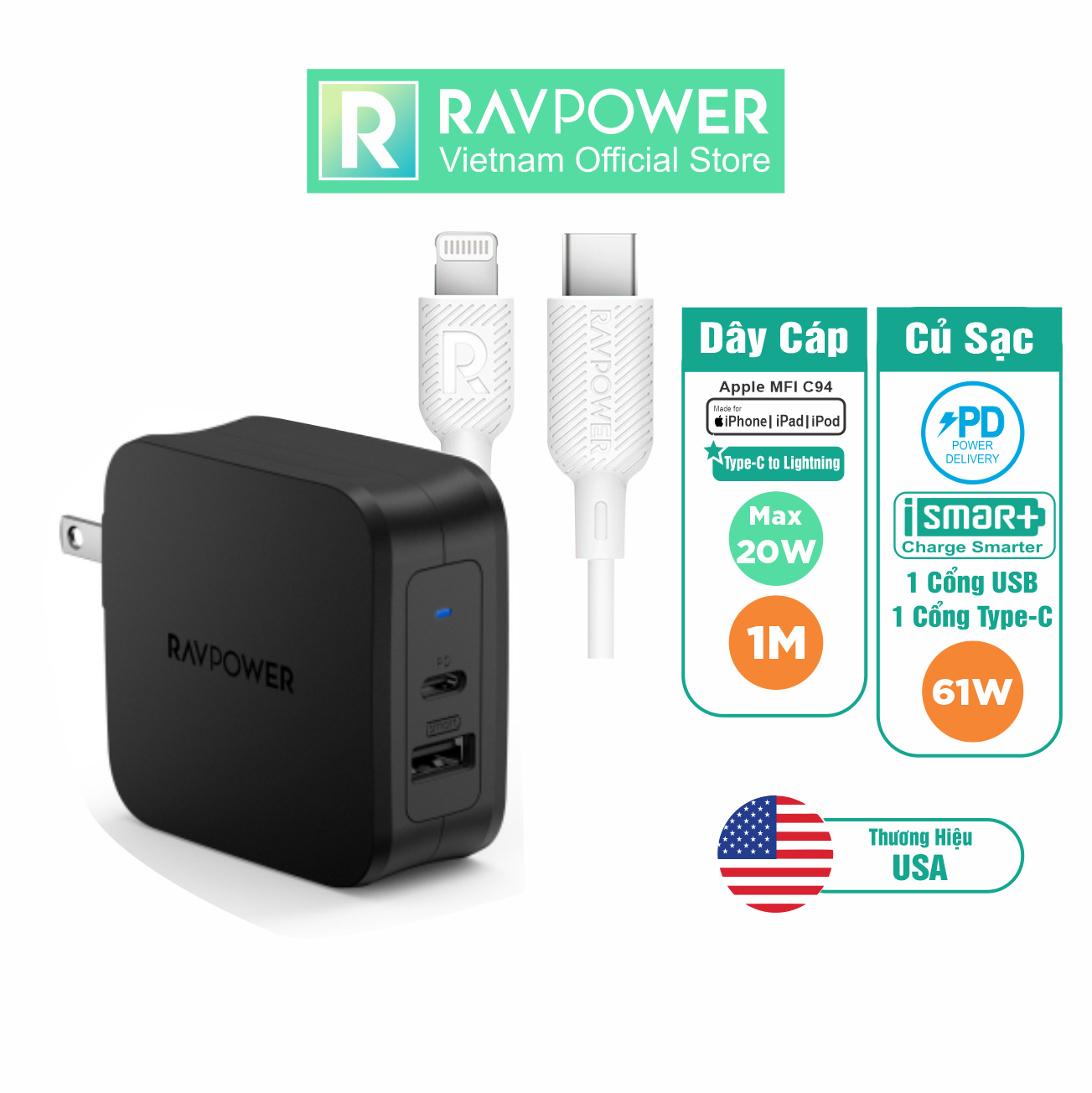 Combo Củ Sạc RAVPower PD 61W RP-PC105 Và Cáp Type C to Lightning MFI 20W RP-CB054 - Hàng Chính Hãng