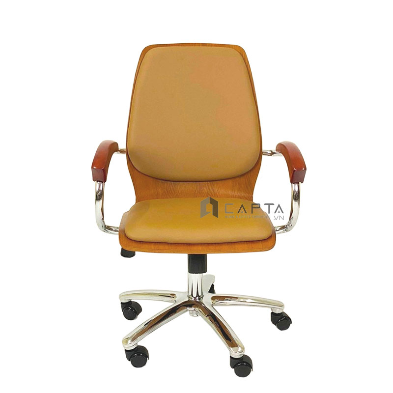 Ghế làm việc lưng ốp gỗ màu nâu CE4539-WP Nội thất Capta Ghế nữ làm việc Ghế học bài học sinh trung học nệm PT giả da chân xoay