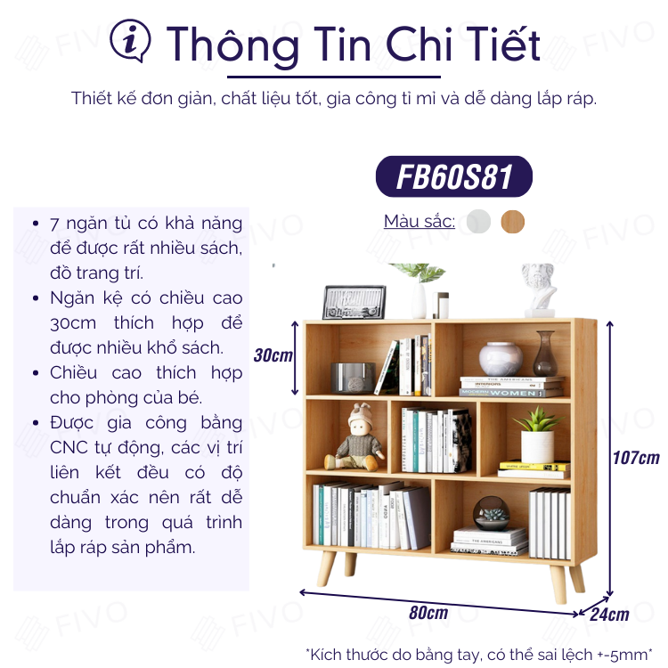 Kệ Sách Gỗ Cao Cấp Đa Tầng FIVO Mã FB60 - Chất Liệu Gỗ MDF Phủ Melamine Chống Thấm Bề Mặt Cực Tốt Hàng Cao Cấp, Có Kèm Tấm Lưng