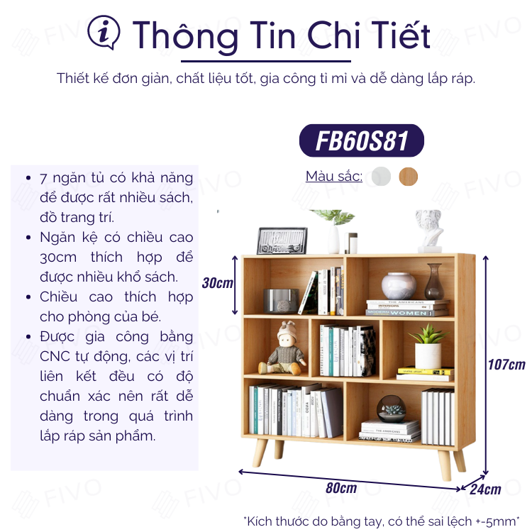 Kệ Sách Gỗ Cao Cấp Đa Tầng FIVO Mã FB60 - Chất Liệu Gỗ MDF Phủ Melamine Chống Thấm Bề Mặt Cực Tốt Hàng Cao Cấp, Có Kèm Tấm Lưng (Kích Thước 80x24x107)