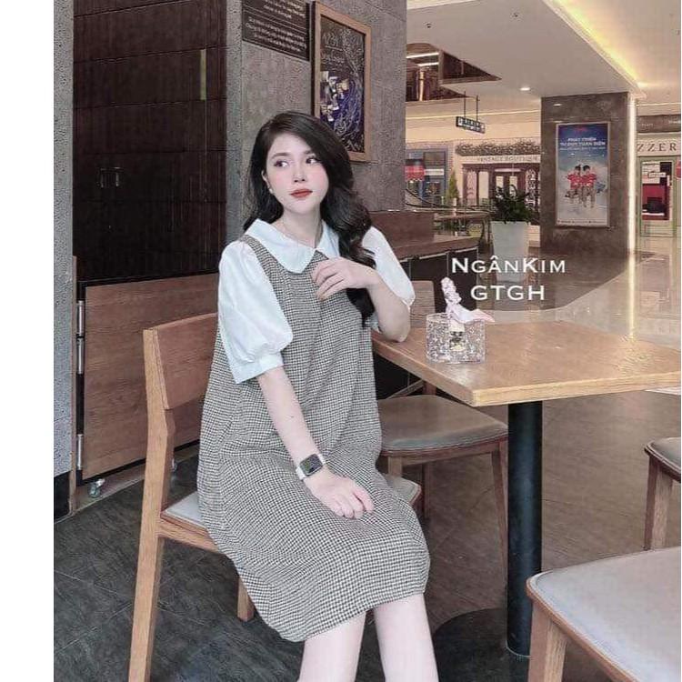 Váy bầu kẻ zigzag cổ sen tay bồng