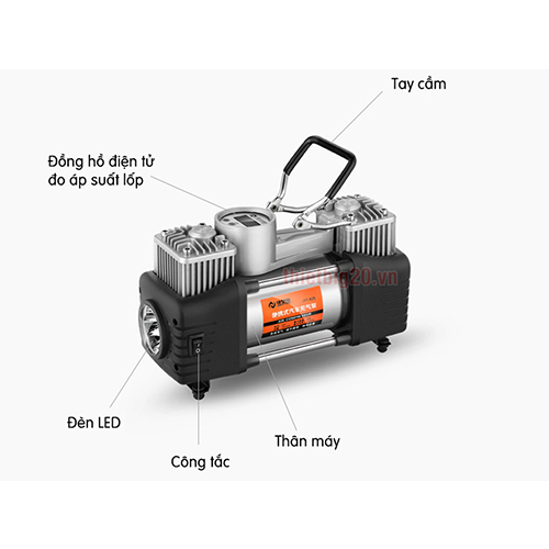 MÁY BƠM LỐP 2 XI-LANH TỐC ĐỘ CAO, TÍCH HỢP ĐÈN PIN, ĐỒNG HỒ ĐIỆN TỬ, KÈM BỘ VALI CỨU HỘ LỐP KHẨN CẤP