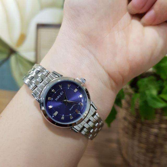 Đồng hồ nữ Halei mặt tròn xanh dây kim loại bạch kim chính hãng Tony Watch 68