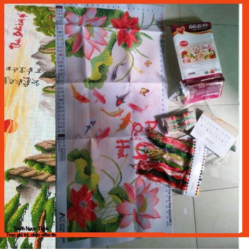 FreeShip 250k Toàn Quốc-Tranh thêu chữ thập cao cấp cá hoa sen Phú Quý Gia Hoà AL53507- KT: 97x41Cm