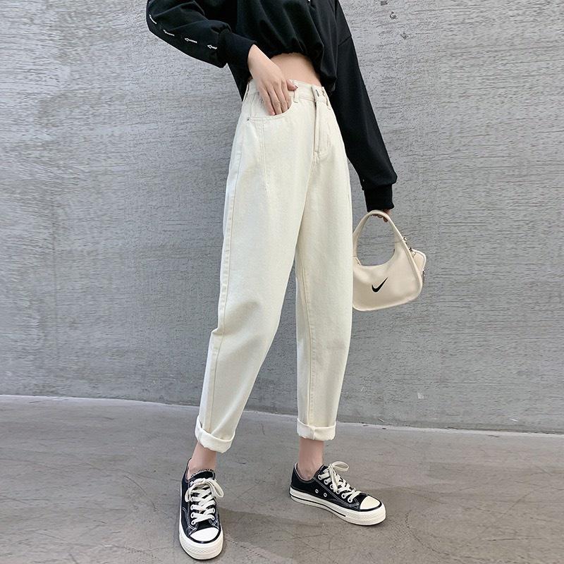 Quần Jeans Nữ, Quần Baggy Trơn Jeans Màu Trắng, Vải Jeans Cotton Thoáng Mát, Mềm Mịn.