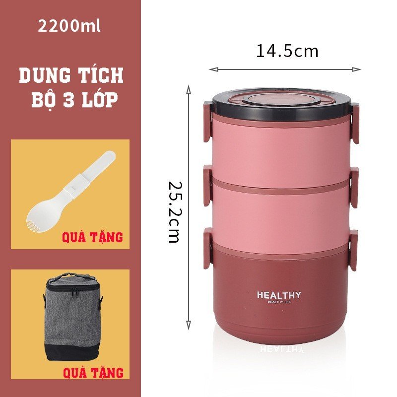 Hộp Đựng Cơm Giữ Nhiệt Healthy INOX 304 - Dung tích 1.6 - 2.2L Tặng kèm Muỗng + Túi giữ nhiệt