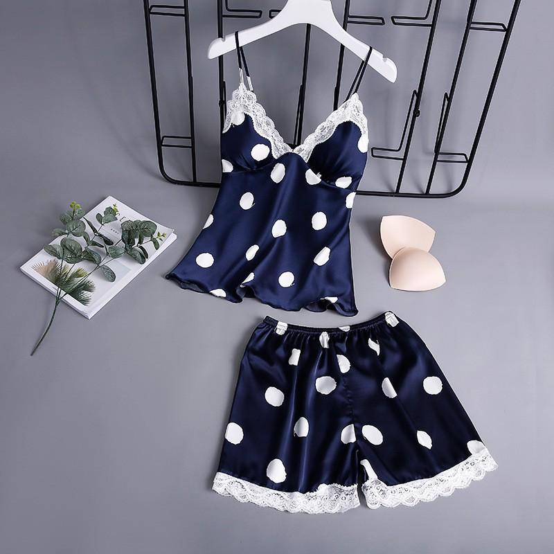 Đồ ngủ lụa hai dây chấm bi phối ren dễ thương hàng nhập cao cấp Kèm đệm ngực