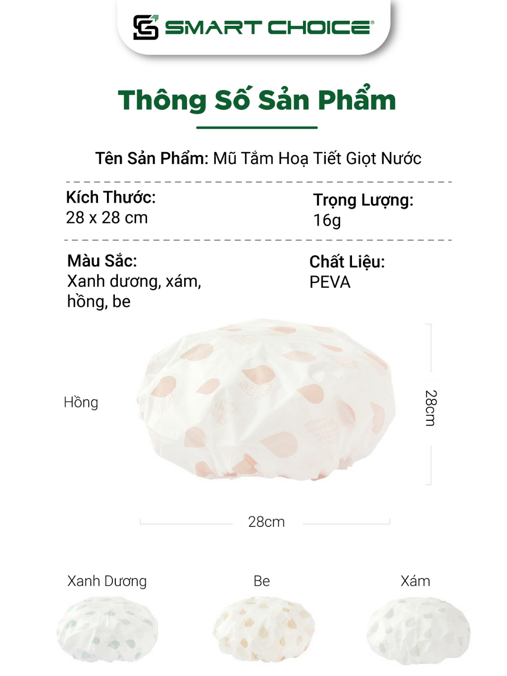 Mũ Tắm Hoạ Tiết Giọt Nước SMARTCHOICE 4 Màu Cao Cấp Tiện Dụng Cho Nhà Tắm