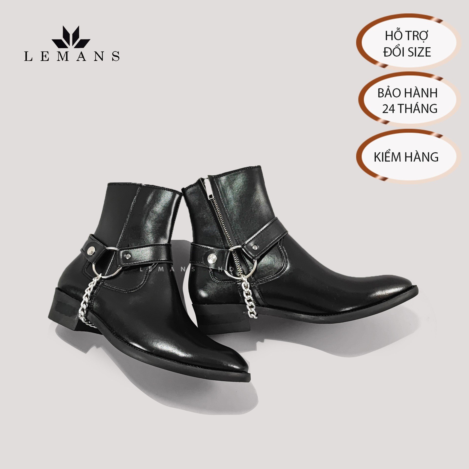 Giày da bò Zip Boots Black LeMans ZB01B, phối đai xích tạo thành 3 đôi Harness, bảo hành 24 tháng