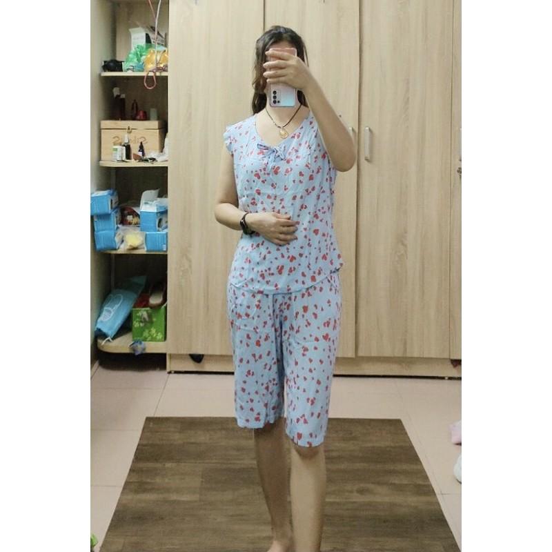 Bộ lanh nữ mặc nhà áo tay hến quần ngố cổ buộc dây nơ Bộ tone nữ