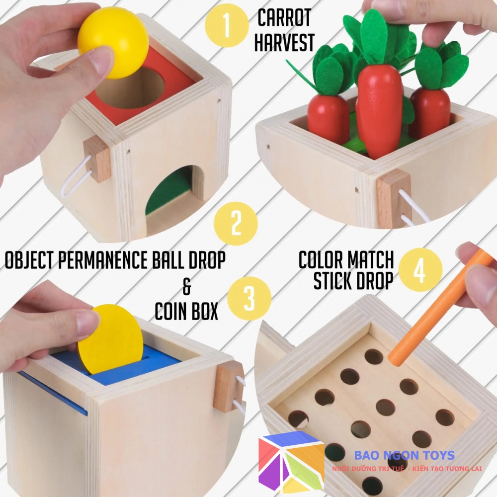 Hộp thả bóng montessori đa chức năng giúp bé phát triển vận động tinh đồ chơi câu sâu, trồng cà rốt BAO NGON TOYS DG178