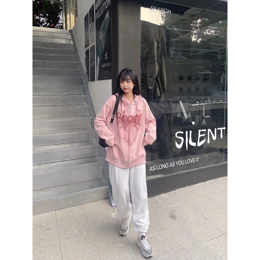 Áo Hoodie Zip Nỉ In Hình Nơ Dáng Rộng