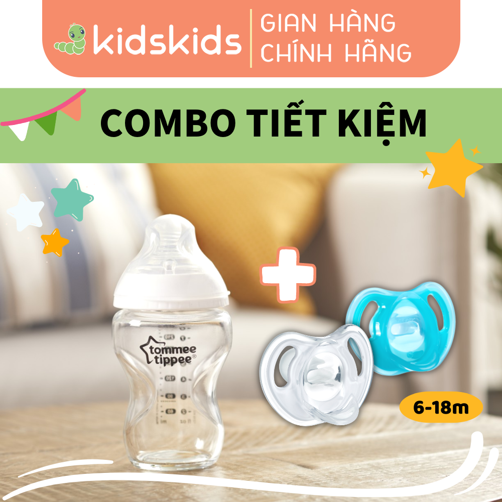 COMBO Ty ngậm silicon siêu nhẹ cho bé Tommee Tippee Ultra Light 6-18 tháng &amp; Bình sữa thuỷ tinh Tommee Tippee 250ml