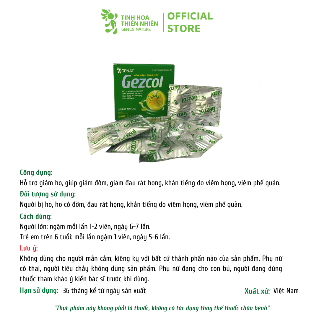 Viên ngậm thảo mộc Gezcol Hỗ trợ giảm ho, giảm đờm, giảm đau rát họng, khản tiếng - Genat