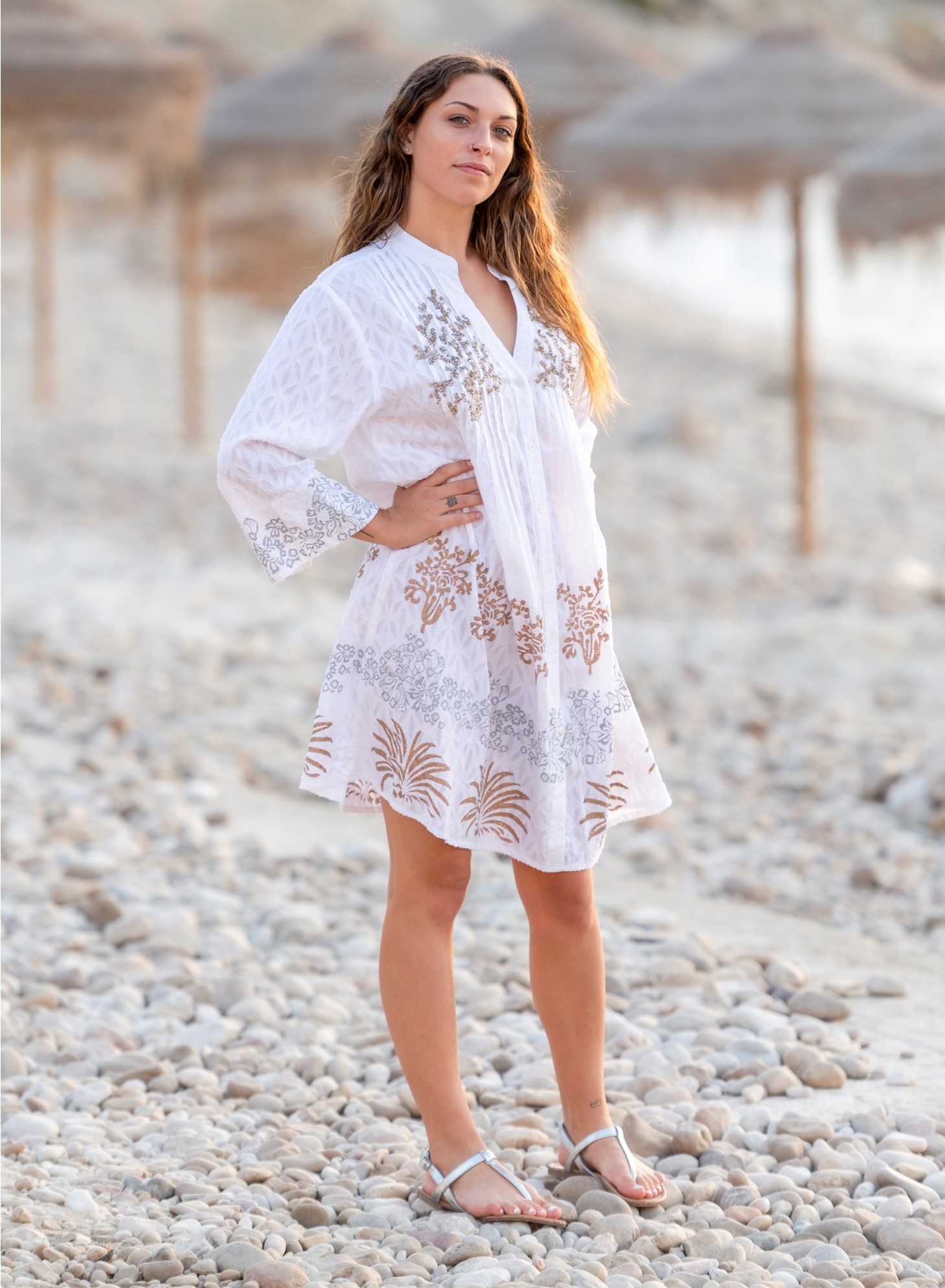 Đầm Boho Đính Hạt Cotton Trắng Isla Bonita IB28300-WH
