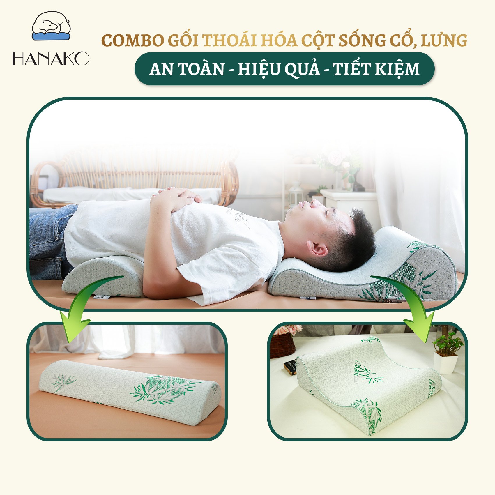 COMBO gối kê chống thoái hóa đốt sống cổ và gối kê lưng chống thoát vị đĩa đệm CHÍNH HÃNG - BẢO HÀNH 12 tháng ( THUN HOA CÚC )