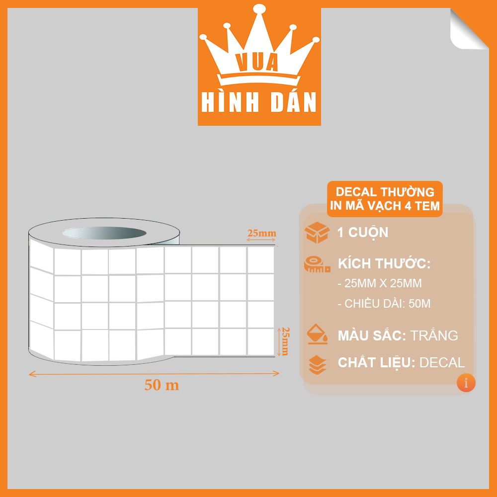Decal Thường 25x25mm In Mã Vạch, In Tem Cuộn 50m, Khổ Giấy: 100mm