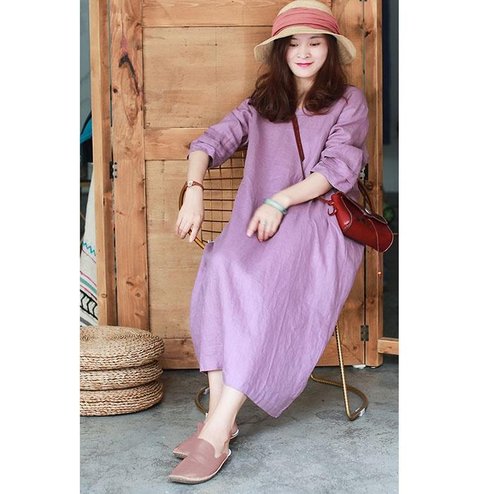 Đầm suông linen cổ tim chồng tay lỡ - Tím nhạt