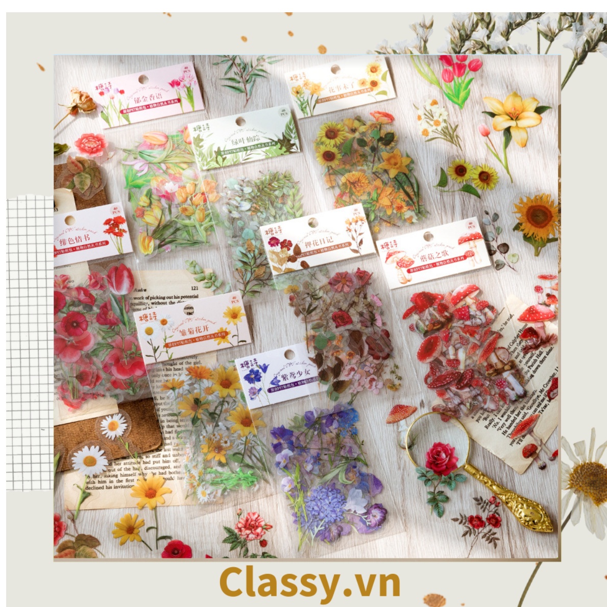 08 miếng Sticker Vintage hình hoa nhỉ thanh lịch PK1710