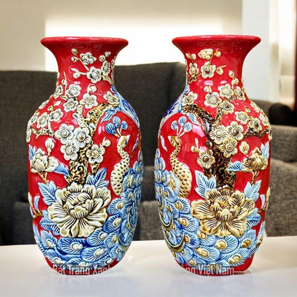 Bình Thờ Lộc Bình Bát Tràng Men Đỏ Phúc Đức RỒNG VIỆT 25-30cm, Họa Tiết Công Đào Nổi Cao Cấp