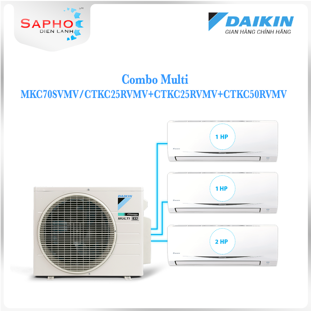 Hệ Thống Máy Lạnh Multi S Daikin Combo MKC70SVMV/CTKC25RVMV+CTKC25RVMV+CTKC50RVMV Inverter Gas R32 Treo Tường 1 Chiều Lạnh Hàng Chính Hãng - Chỉ giao tại HCM