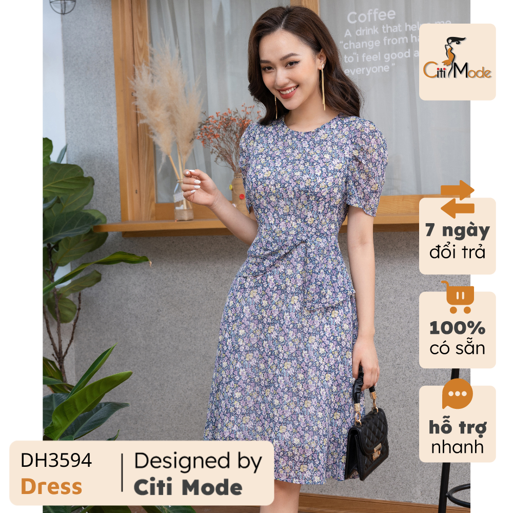Đầm xòe nữ tím hoa nhí CITI MODE cổ tròn phối vạt eo chất Voan cao cấp 2 lớp DH3594