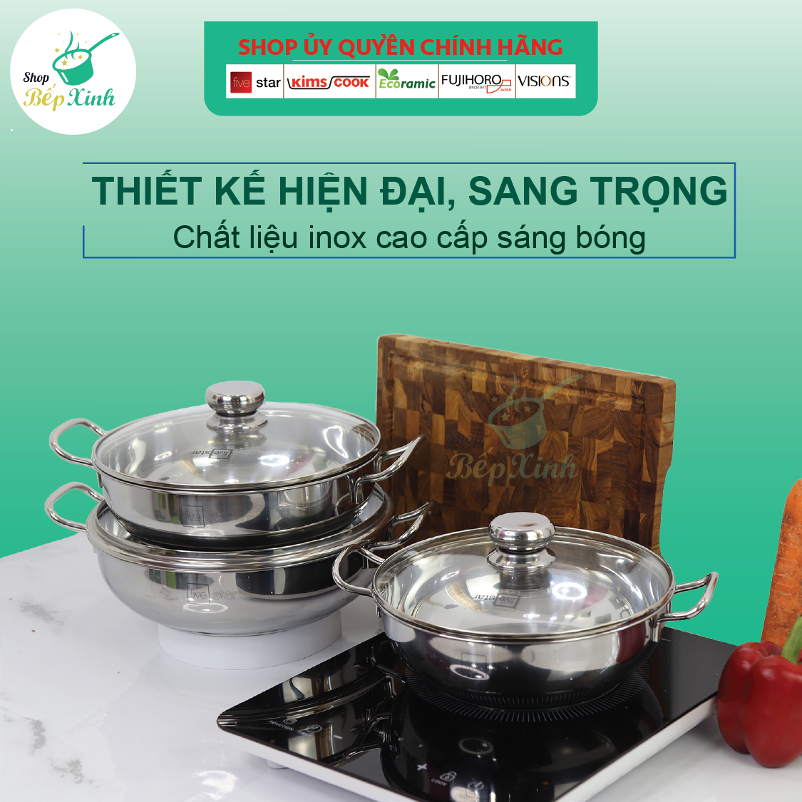 Nồi lẩu 3 đáy inox 430 Fivestar sử dụng bếp từ nắp kính tặng 2 vá canh